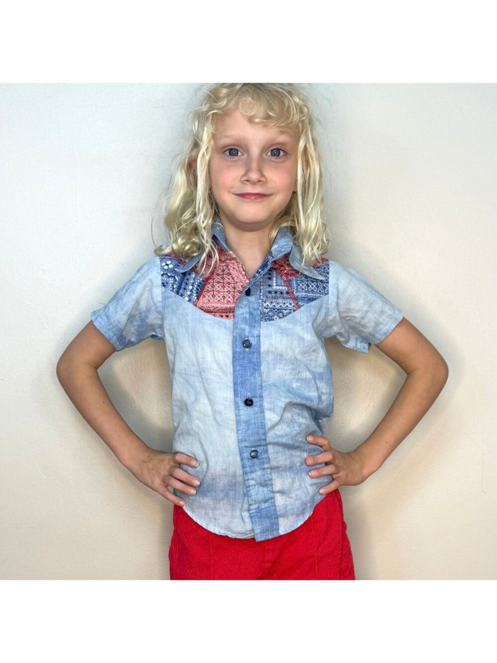 Vintage 1970s Kids’ Western Shirt, Blue Cloudy Dye and Bandana Patchwork, Size 6